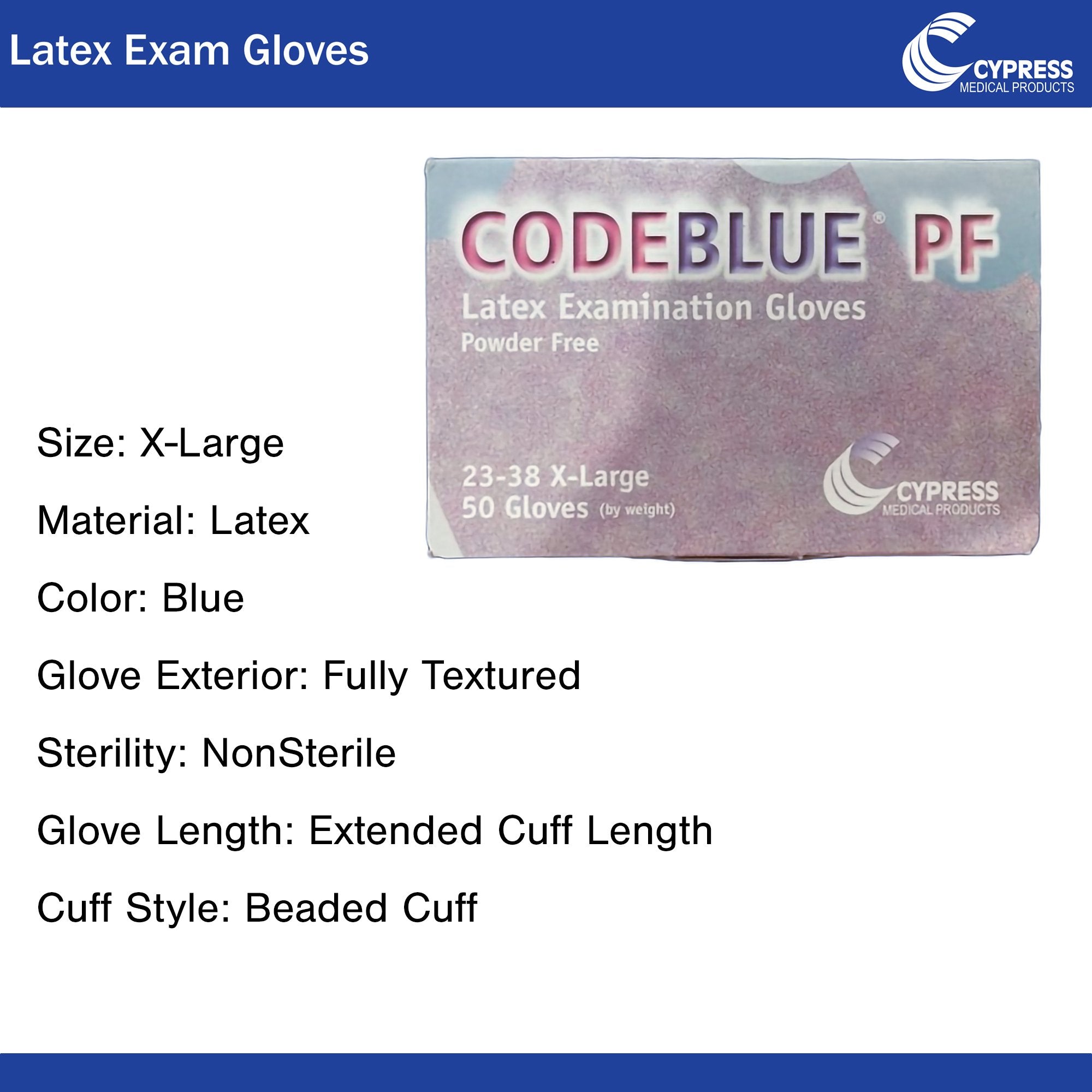 CodeBlue® PF Latex Extended Cuff Length Exam Glove, Extra Large, Blue 23-38