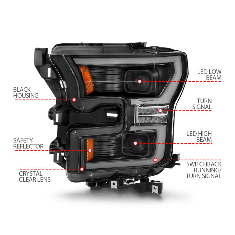 ANZO 15-17 Ford F-150 LED Projector Headlights - w/ Light Bar Switchback Black Housing 111547