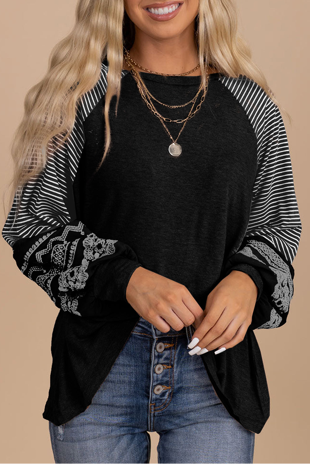 Tillandsia Purple Contrast Print Striped Raglan Long Sleeve Loose Top