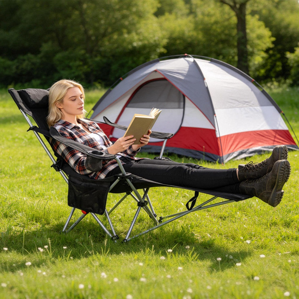 Reclining Camping Chair with Footrest 4-Position Adjustable Outdoor Folding Chair Heavy Duty Portable Camping Lounge Chair with Headrest Cup Holder &