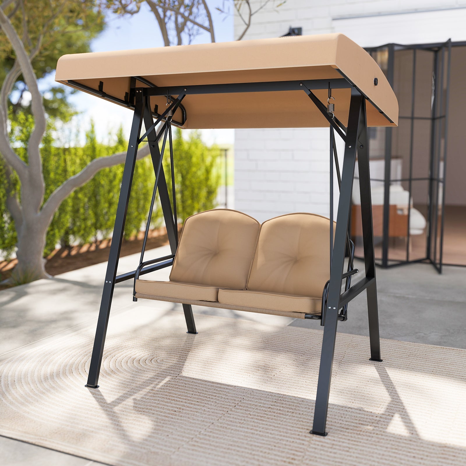 2-Person Outdoor Porch Swing with A-Shaped Metal Stand and Adjustable Canopy