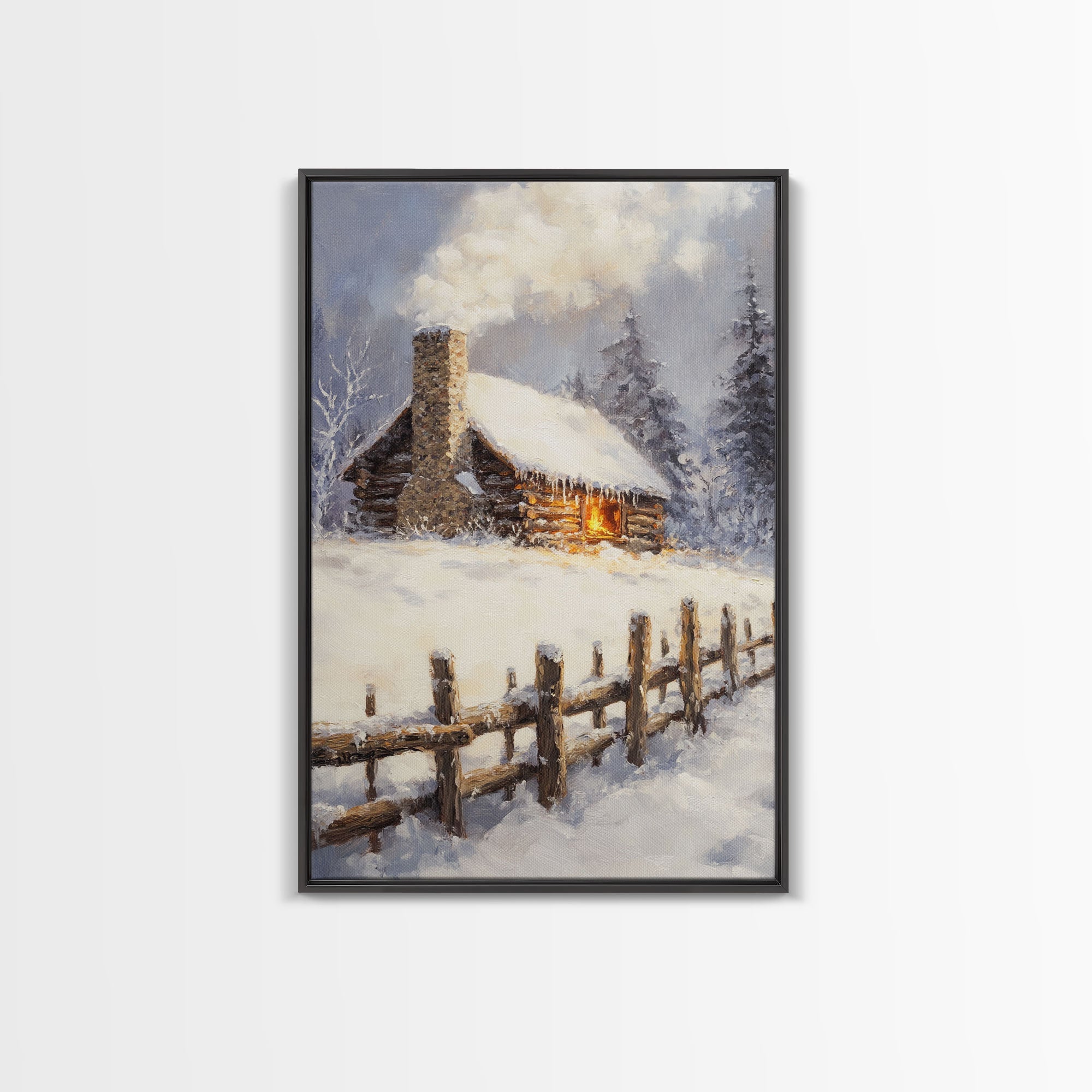 Rustic Cabin In Snow Framed Canvas Print Wall Art Christmas Home Decor, Winter Landscape Art, Cozy Winter Cabin Scene
