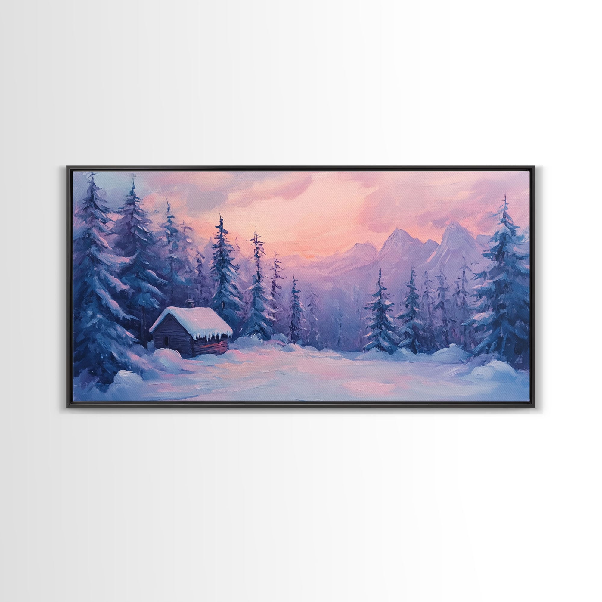 Cozy Cabin Surrounded By Winter Trees Tall Art Framed Canvas Print Serene Snowy Forest Cabin Landscape With Warm Interior Lights