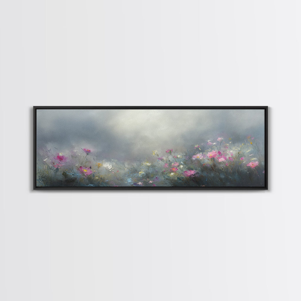 Moody Wild Flowers Under a Cloudy Sky, Panoramic Framed Canvas Print, Nature Decor, Boho Floral Wall Art, Flower Painting Gift For Her