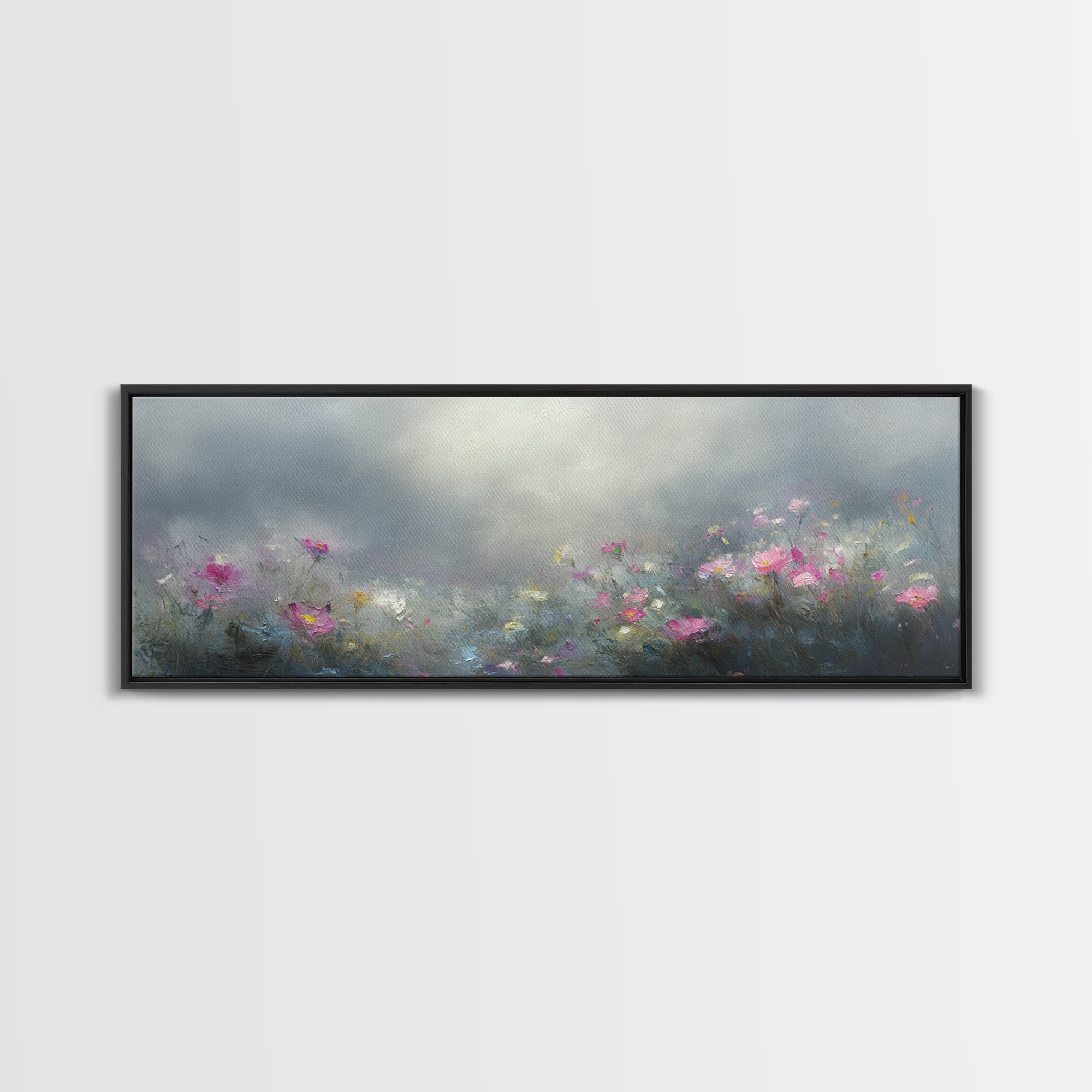 Moody Wild Flowers Under a Cloudy Sky, Panoramic Framed Canvas Print, Nature Decor, Boho Floral Wall Art, Flower Painting Gift For Her