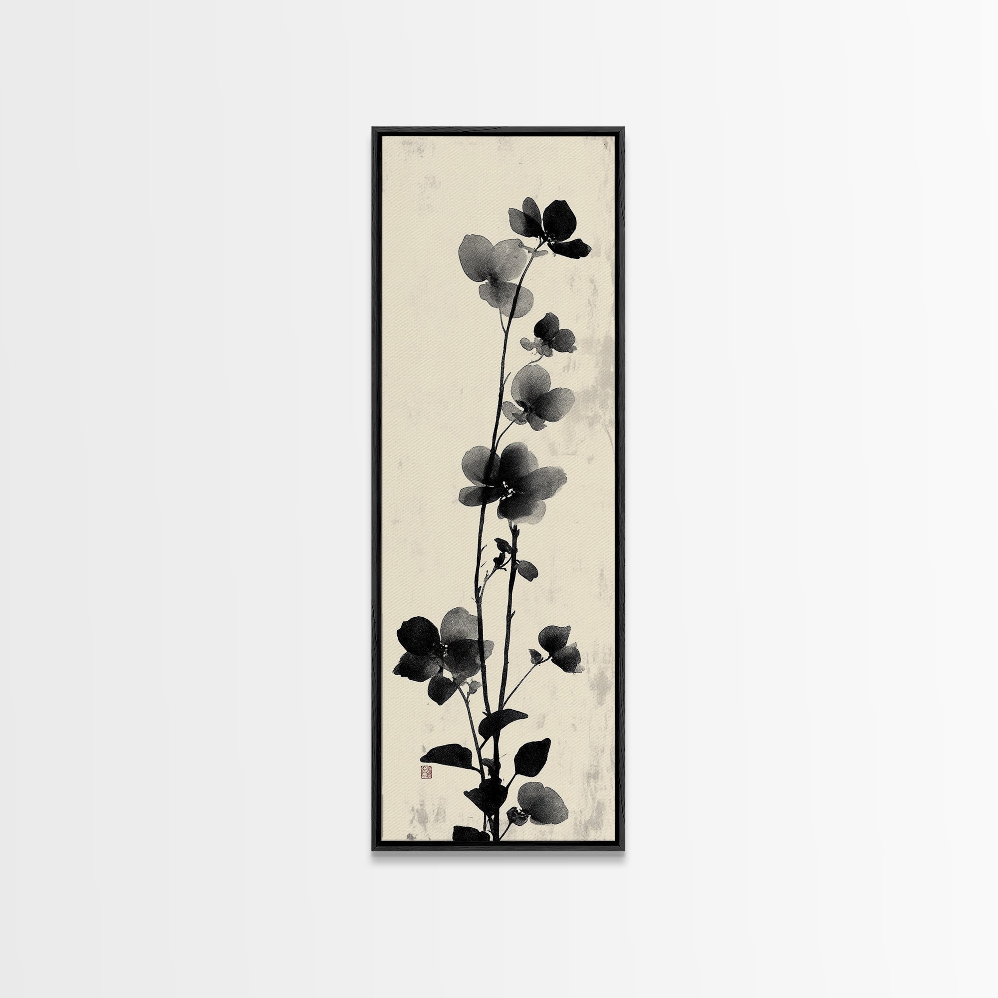 Framed Canvas Print Cherry Blossom Painting Black and White Floral Art, Wabi Sabi Decor, Japanese-Inspired Wall Art, Skinny Canvas Gift