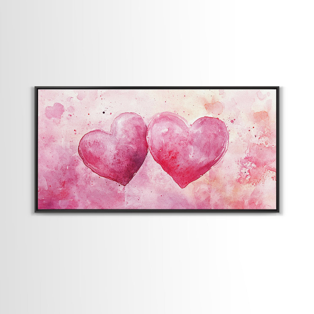 Watercolor Heart Pair Framed Canvas Print, Romantic Pink Abstract Art, Whimsical Valentine Wall Art, Bedroom Gift Idea, Light Pink Decor