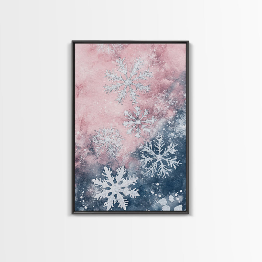 Snowflake Winter Light Pink Wall Art Framed Canvas Print | Wabi Sabi Minimalist Christmas Art | Cozy Holiday Living Room Decor