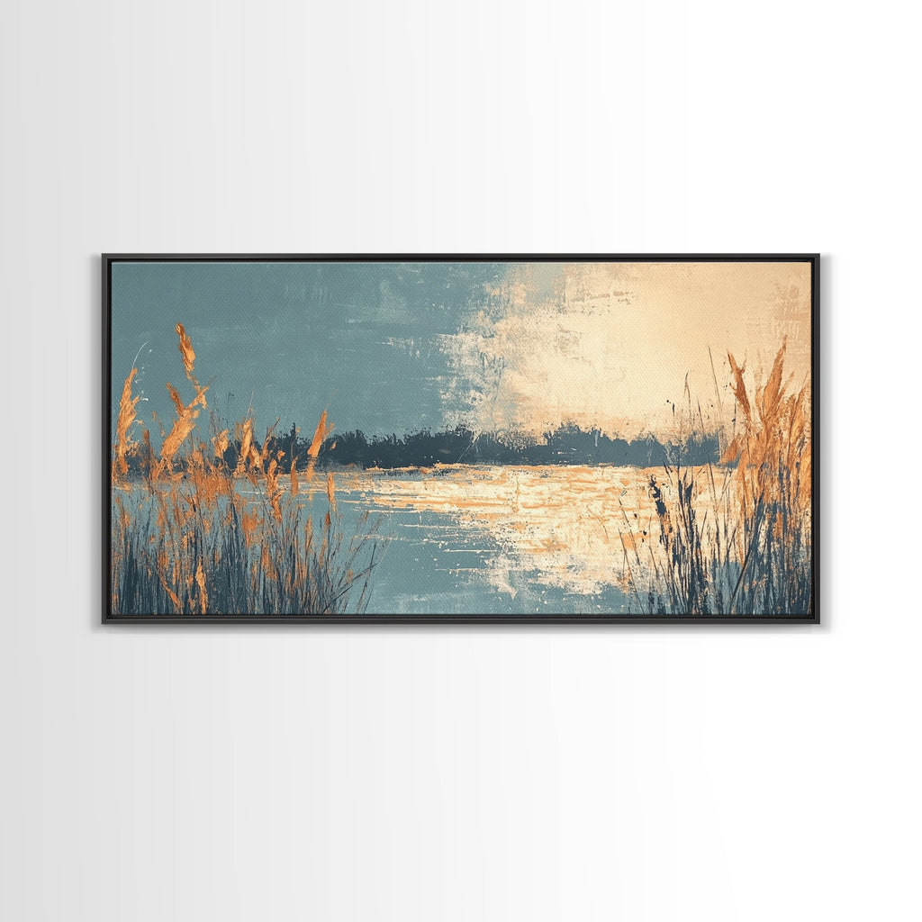 Marsh Landscape, Canvas Print, wabi sabi art, extra wide painting, panoramic wall art, minimalist landscape, soft neutral tones
