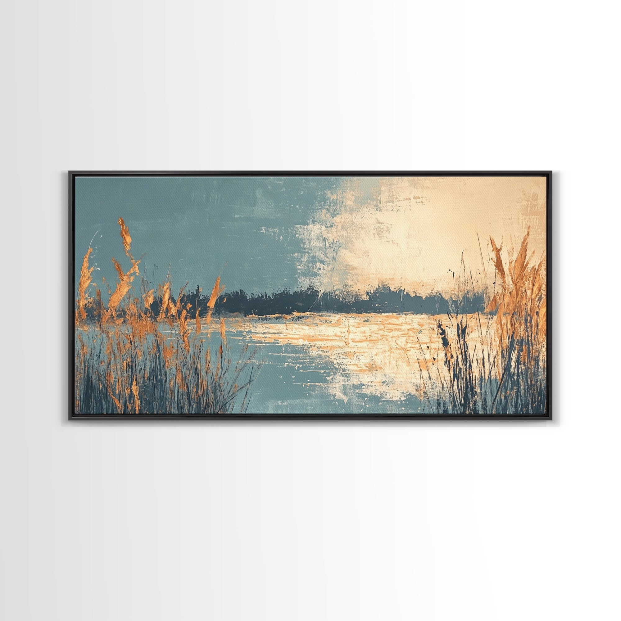 Marsh Landscape, Canvas Print, wabi sabi art, extra wide painting, panoramic wall art, minimalist landscape, soft neutral tones