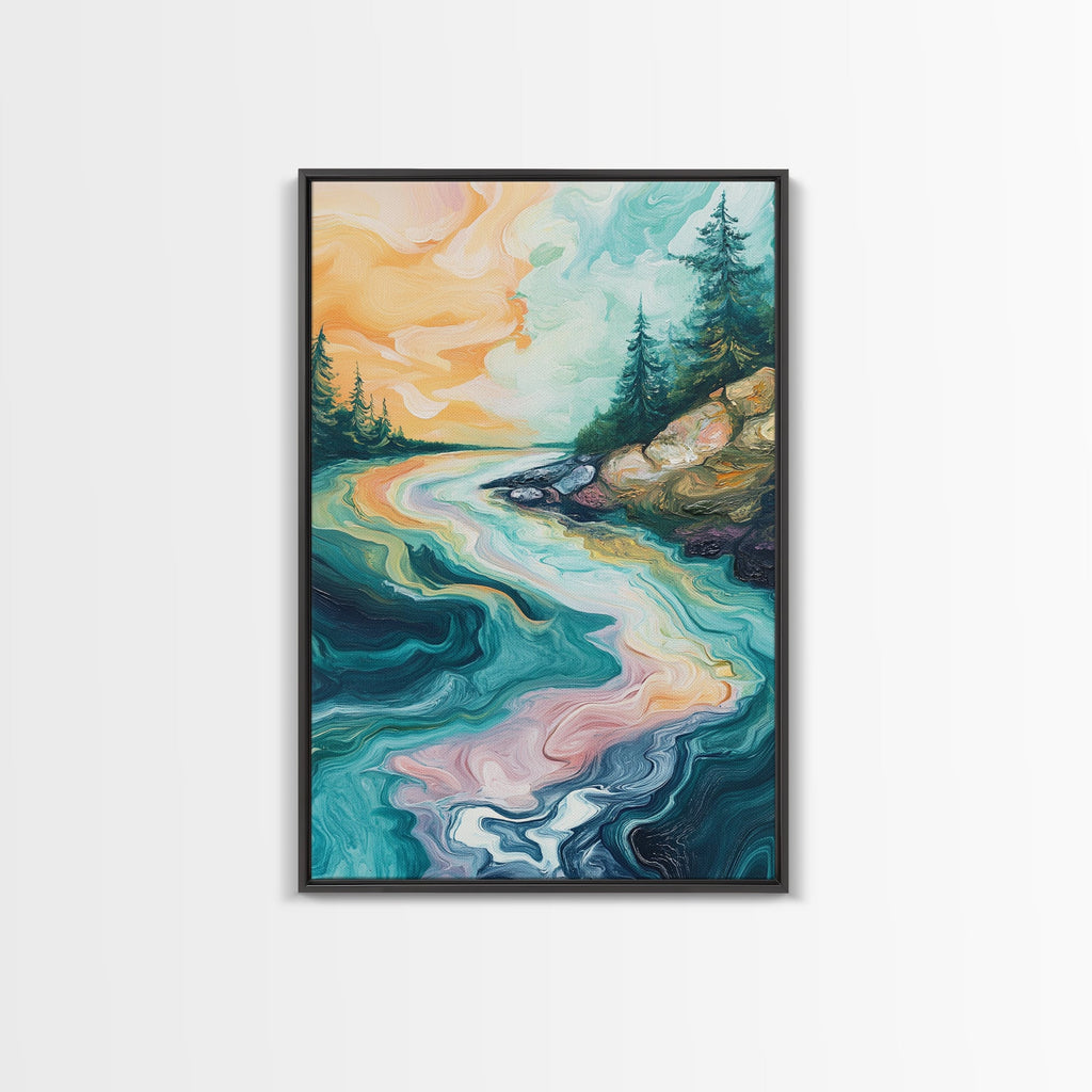 Swirling River Art, Abstract Nature Scene, Dreamy Landscape, Flowing Water, Boho Wall Art, Colorful Decor, Canvas Print