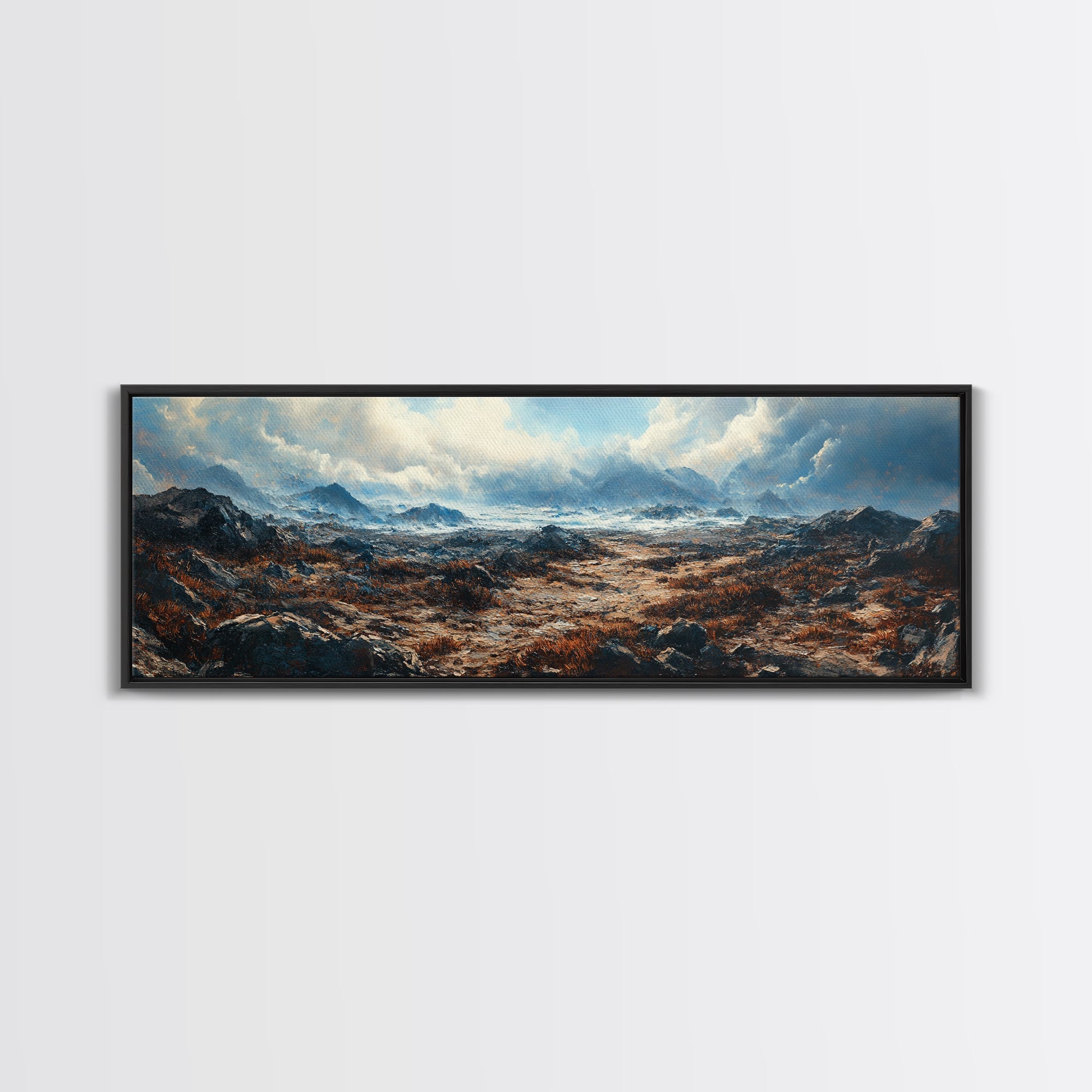Moody Mountain Landscape Framed Canvas Print Dramatic Nature Art, Rustic Cabin Decor, Stormy Sky Painting, Wilderness Wall Art