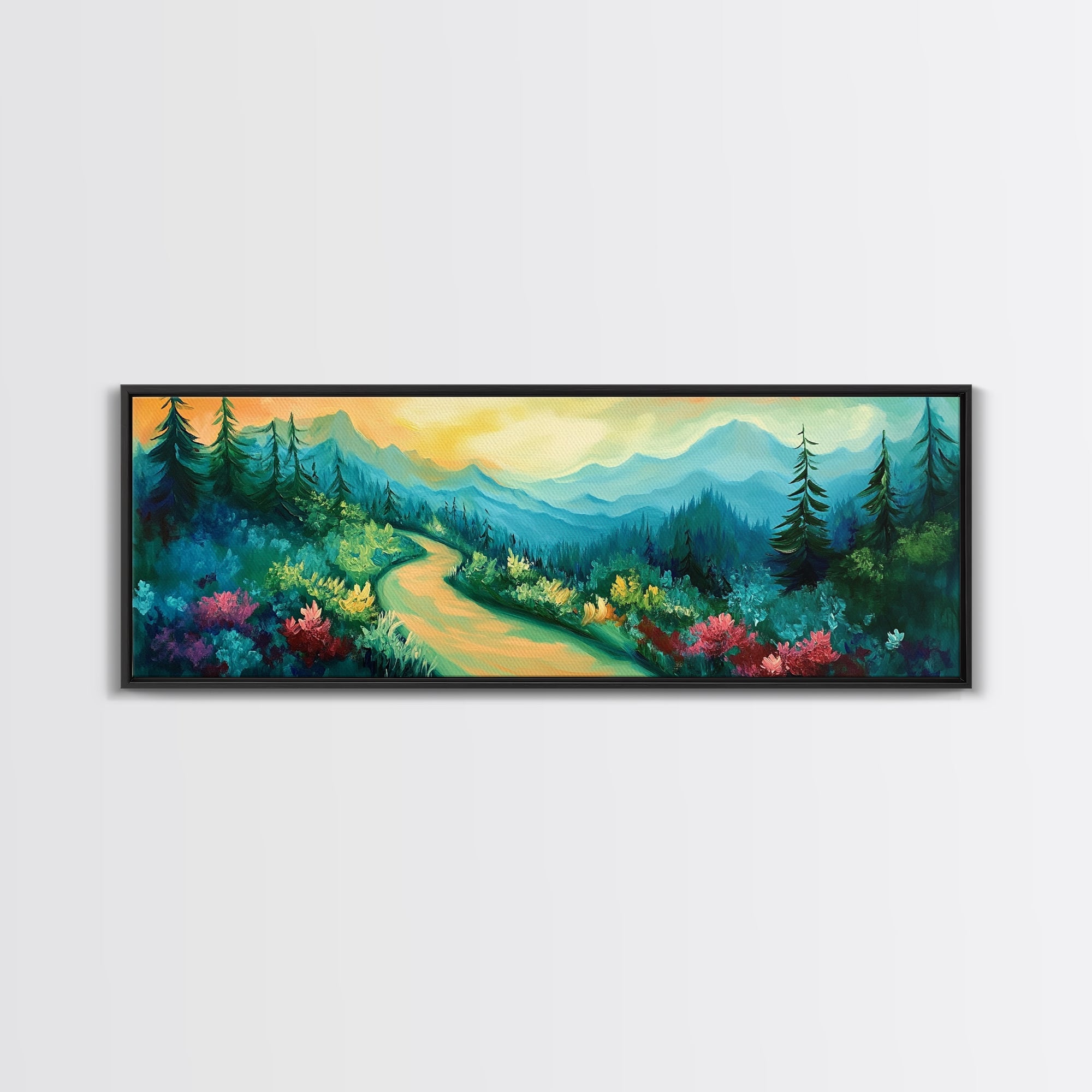 Forest Trail, Scenic Landscape Art, Green Nature Painting, Serene Hiking Scene, Cabin Wall Decor, Home Print, Framed Canvas Print