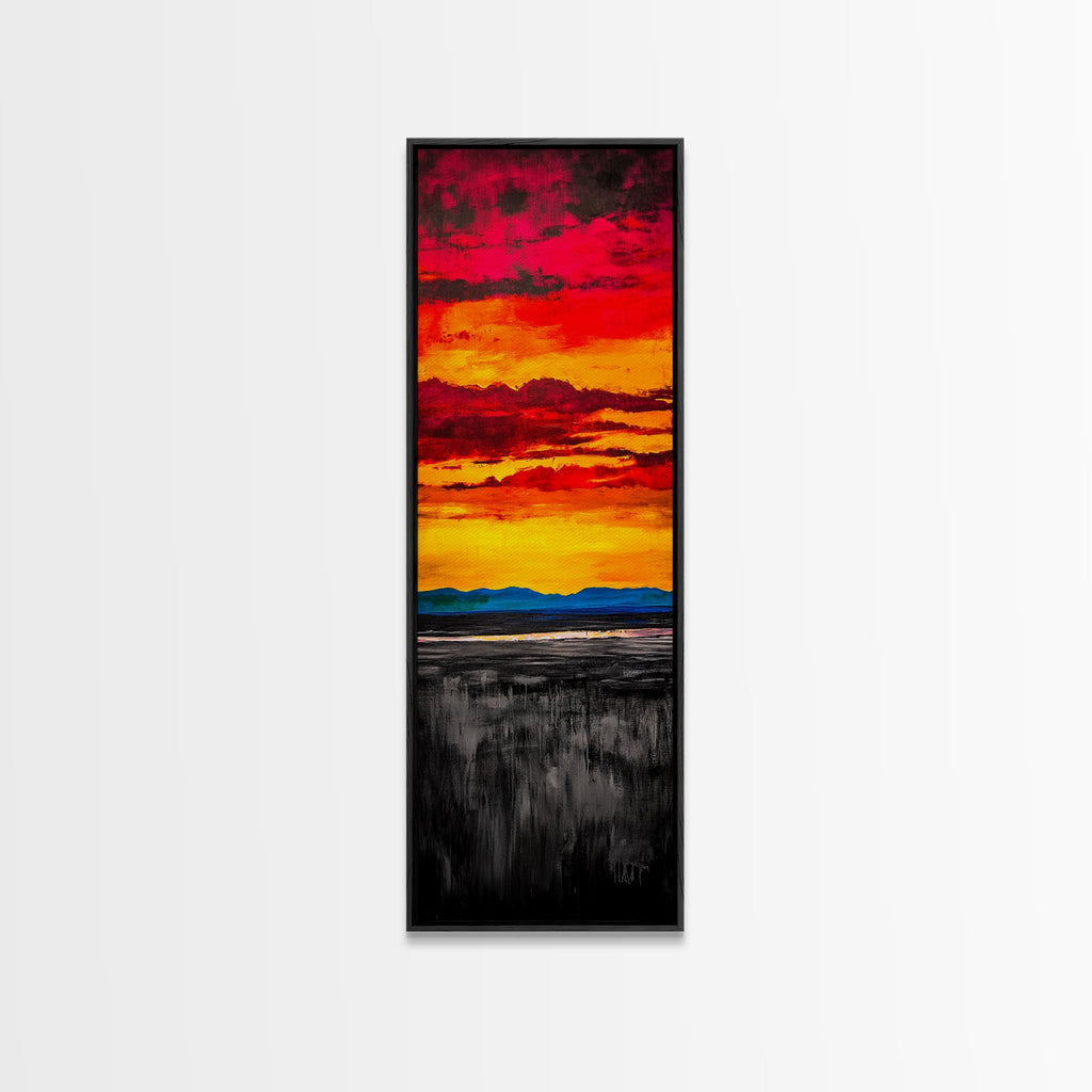 Fiery Sunset Painting, Dramatic Red Orange Sky, Bold Abstract Landscape, Framed Canvas Print, Modern Wall Decor, Living Room Art