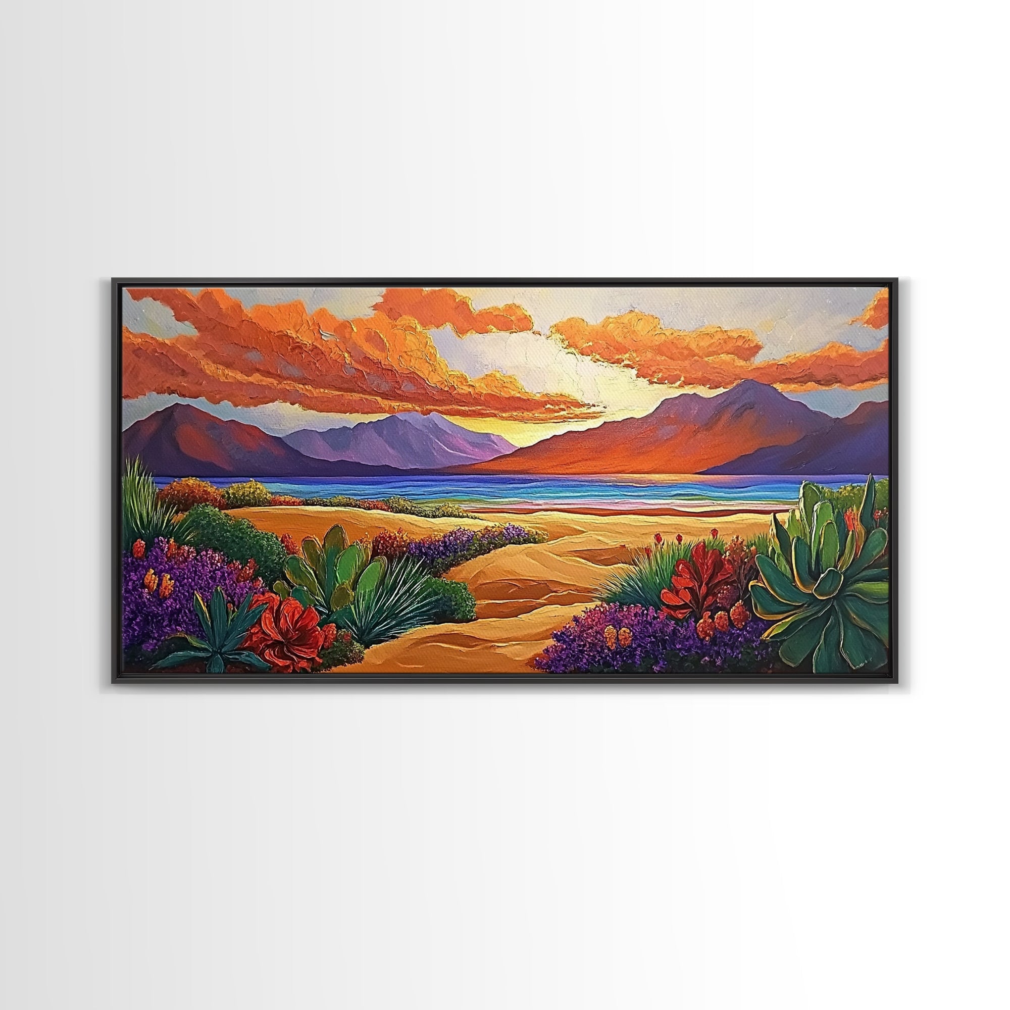 Sunset Desert, Mountains, Canvas Print, Vibrant desert landscape art with sunset sky and mountains, perfect Living Room Wall Art