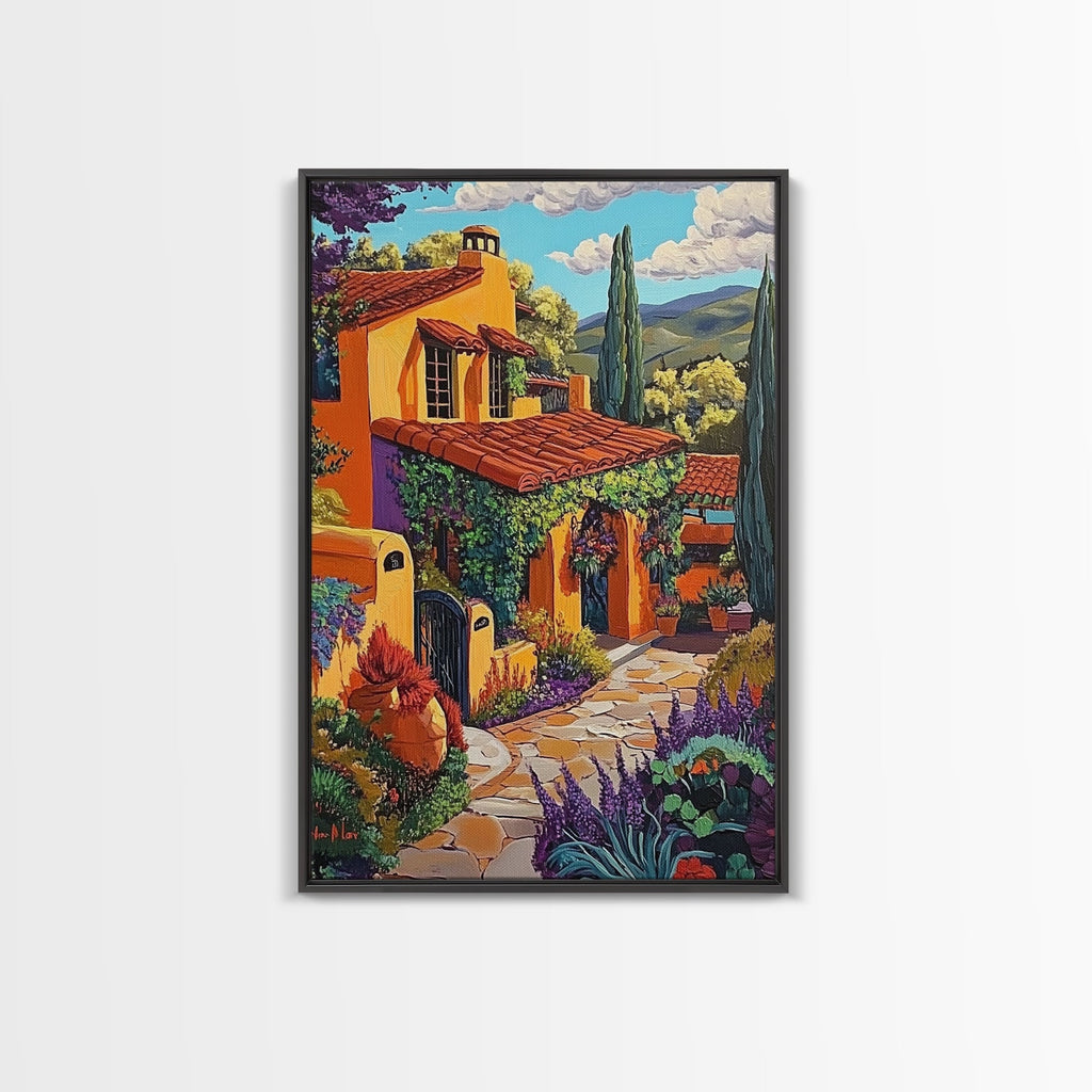 Spanish Villa, Rustic Path, Mediterranean Home Decor, Framed Canvas Print, Warm Color Art, Living Room Wall Art, Autumn Architecture Style