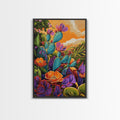 Prickly Wildflowers, Cactus, Garden, Framed Canvas Print floral cactus art, vibrant botanical painting, nature decor, desert boho living room