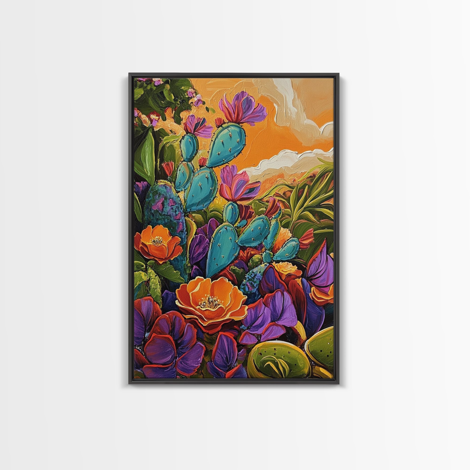 Prickly Wildflowers, Cactus, Garden, Framed Canvas Print floral cactus art, vibrant botanical painting, nature decor, desert boho living room
