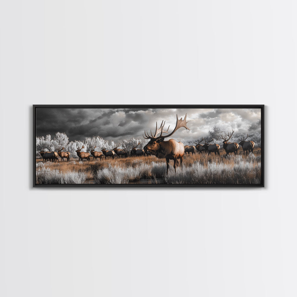 Elk Herd, Majestic Wildlife, Autumn Landscape, Framed Canvas Print, lodge decor, rustic mountain wall art, moody nature canvas