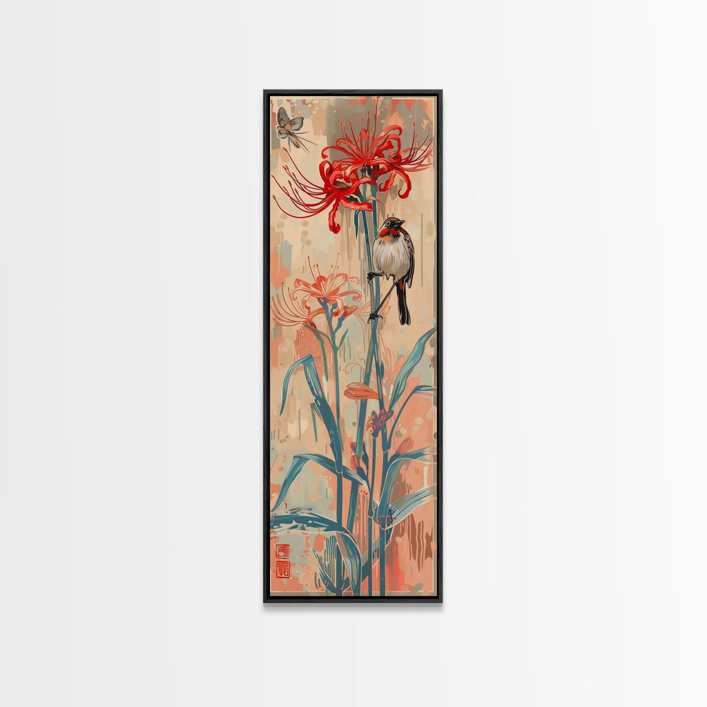 Bird Perched On Bright Red Lily Flower Skinny Art Tall Art Framed Canvas Print Japanese Style Art Ukiyo-e Art Wood Block Print Floral Detailed