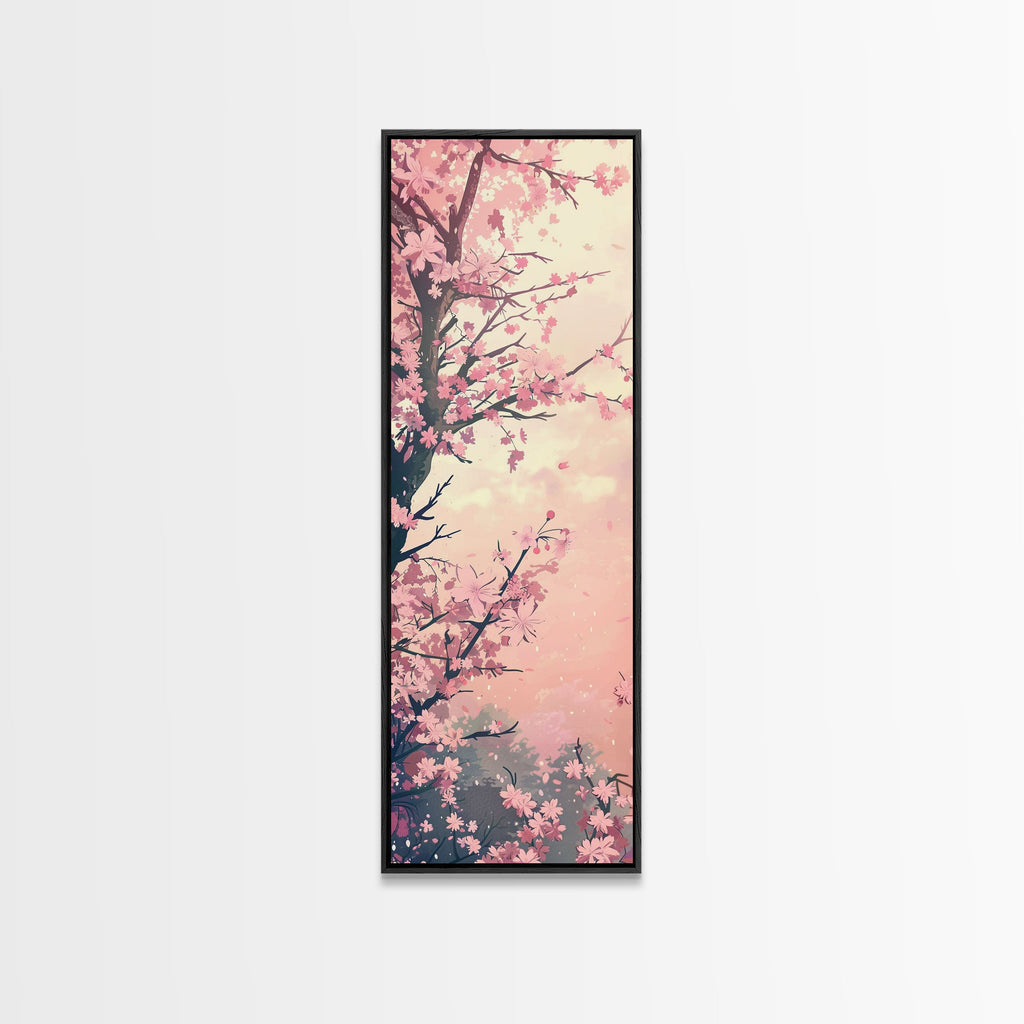Beautiful Cherry Blossoms Blooming On Tree Branch Against Soft Pastel Background Captured Tall Framed Canvas Print Floral Home Decor