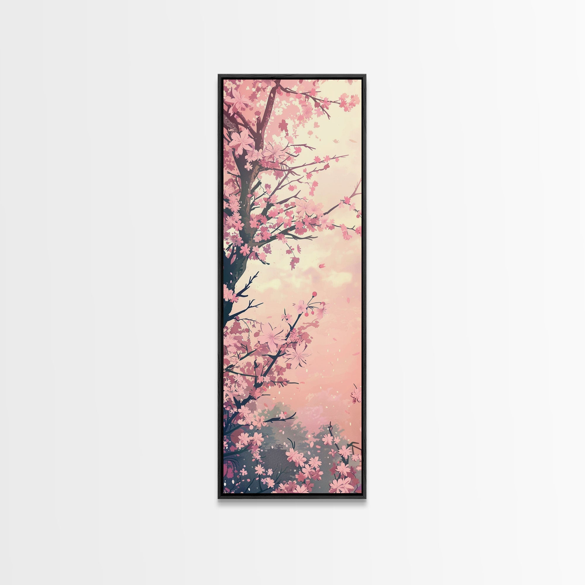 Beautiful Cherry Blossoms Blooming On Tree Branch Against Soft Pastel Background Captured Tall Framed Canvas Print Floral Home Decor