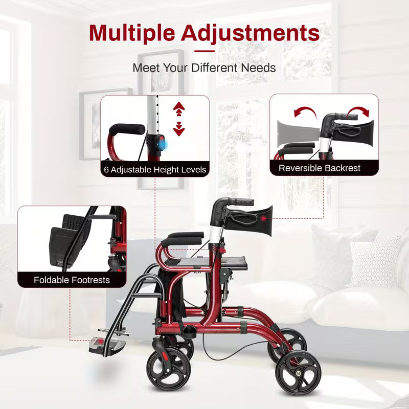 2-in-1 Folding Rollator Walker, Transport Wheelchair wSeat, Reversible Backrest