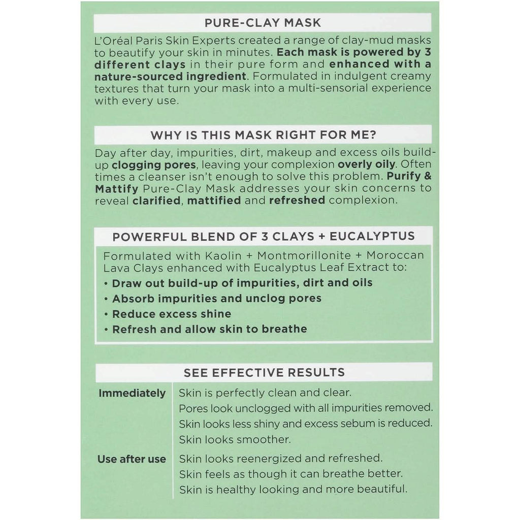 2 - Pack: L'Oréal Paris Skincare Pure - Clay Face Mask with Eucalyptus for Oily and Shiny Skin to Purify and Matify - PhishStones Products