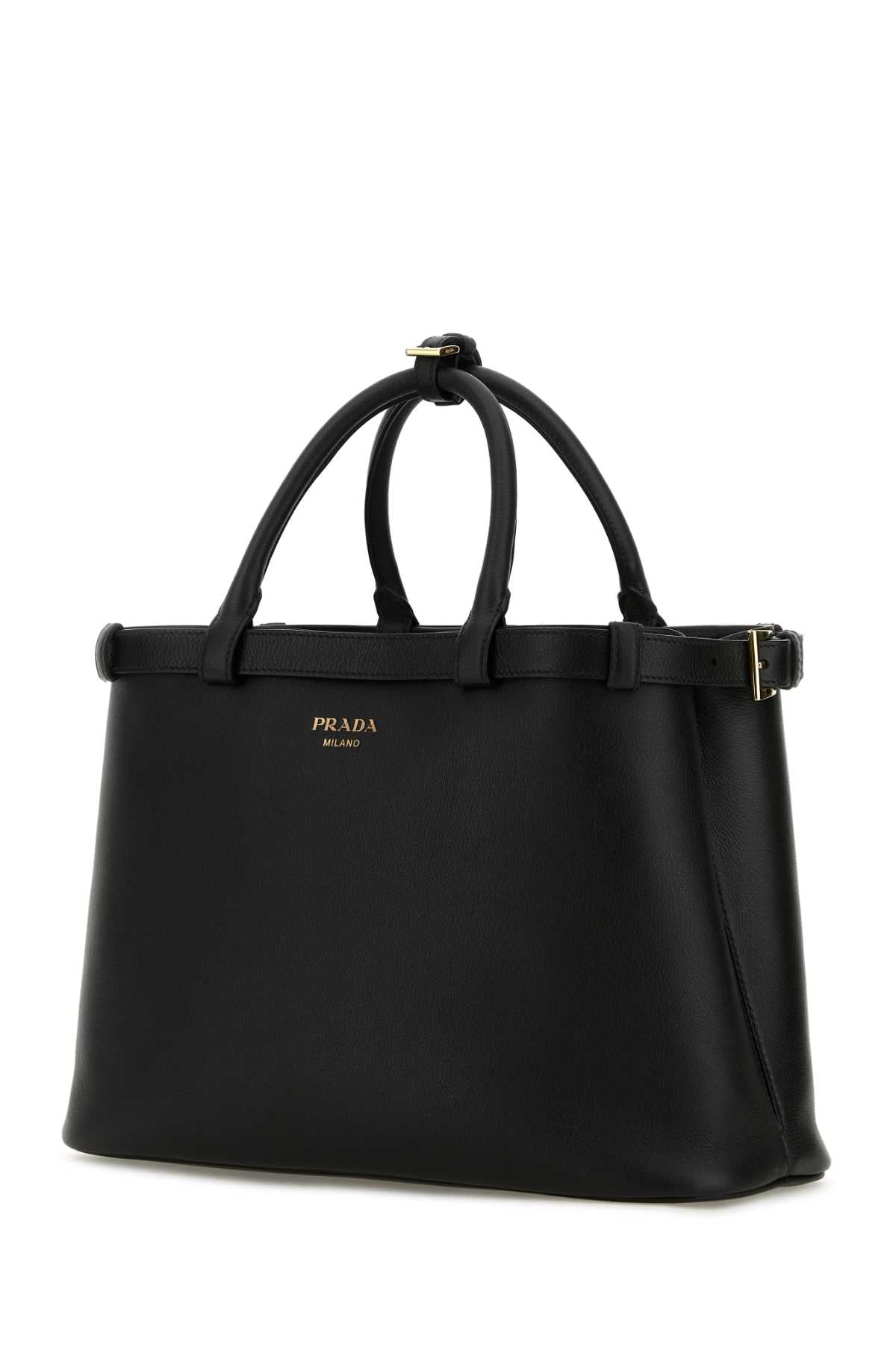 Prada Women Black Leather Medium Prada Buckle Handbag