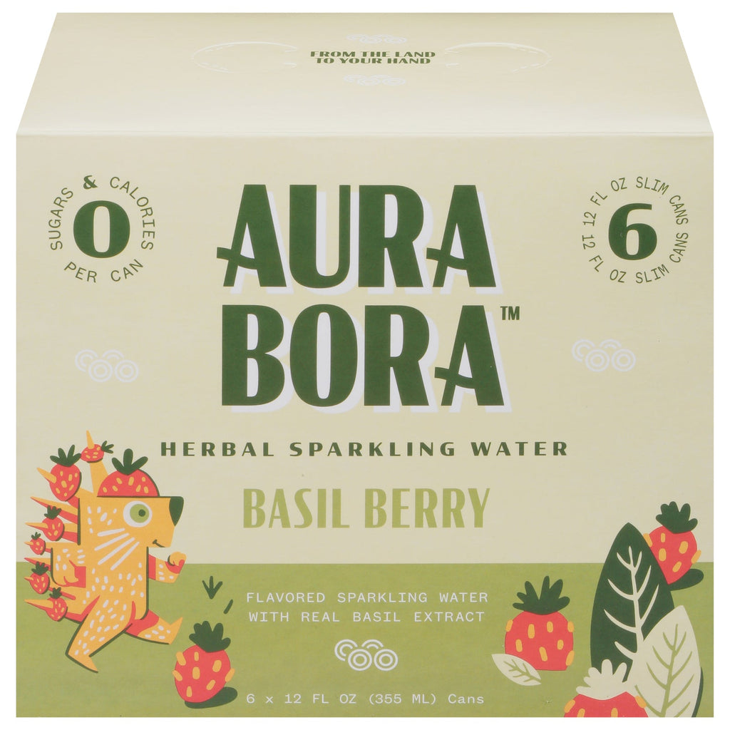 Aura Bora Basil Berry Sparkling Water, 12 Fl Oz Cans, Pack of 4 (24 Cans Total)