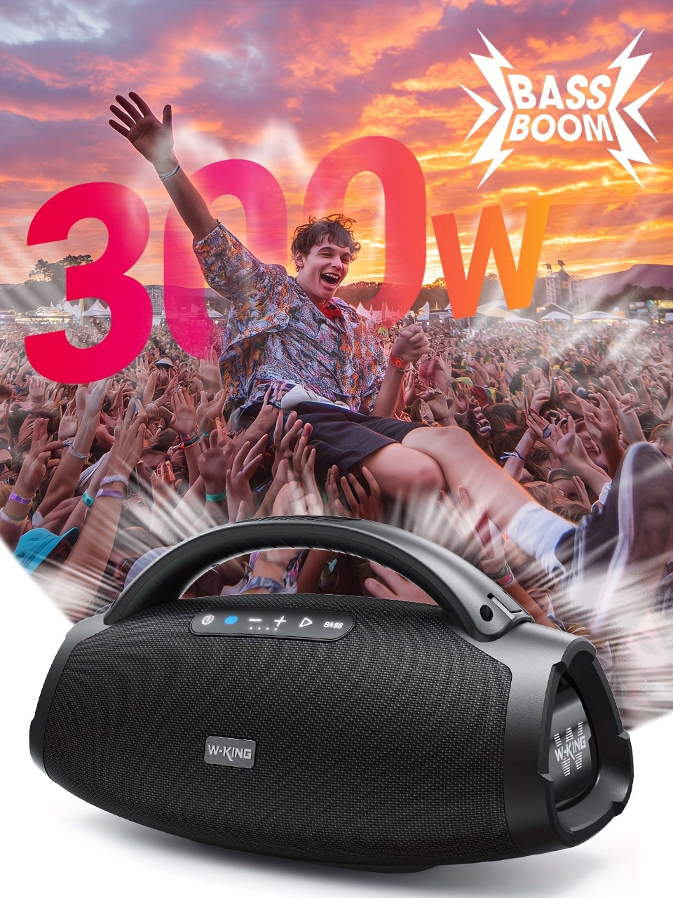 200W RMS 300W Peak Ultimate Portable Wireless Speaker, Large Outdoor Speaker with App Control, Consisting of a 3-Way System with 5 Drivers, for Party Speaker with Bass Enhancement, USB, TF Card, AUX, And Guitar Input