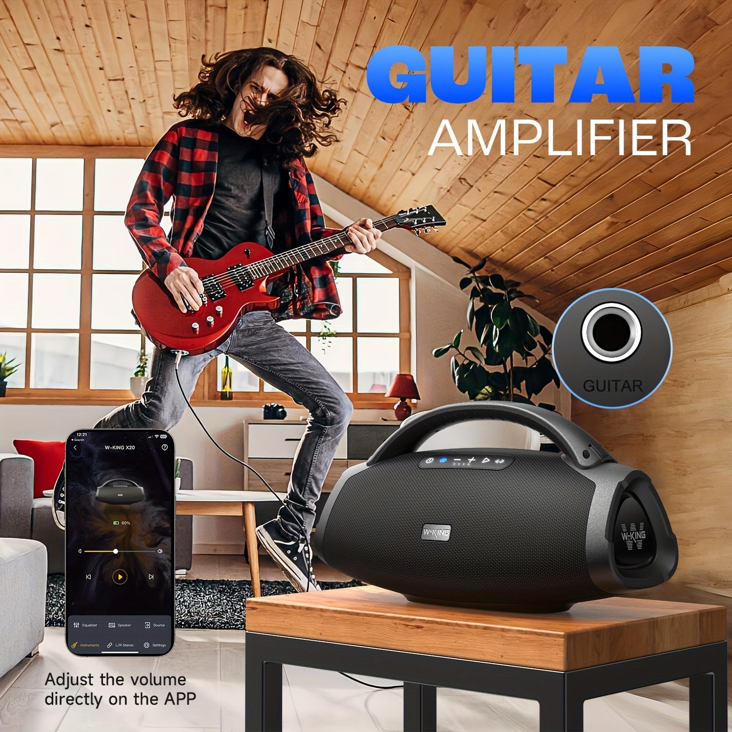 200W RMS 300W Peak Ultimate Portable Wireless Speaker, Large Outdoor Speaker with App Control, Consisting of a 3-Way System with 5 Drivers, for Party Speaker with Bass Enhancement, USB, TF Card, AUX, And Guitar Input
