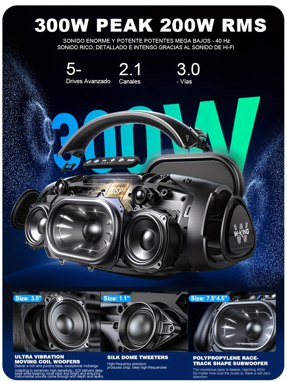 200W RMS 300W Peak Ultimate Portable Wireless Speaker, Large Outdoor Speaker with App Control, Consisting of a 3-Way System with 5 Drivers, for Party Speaker with Bass Enhancement, USB, TF Card, AUX, And Guitar Input