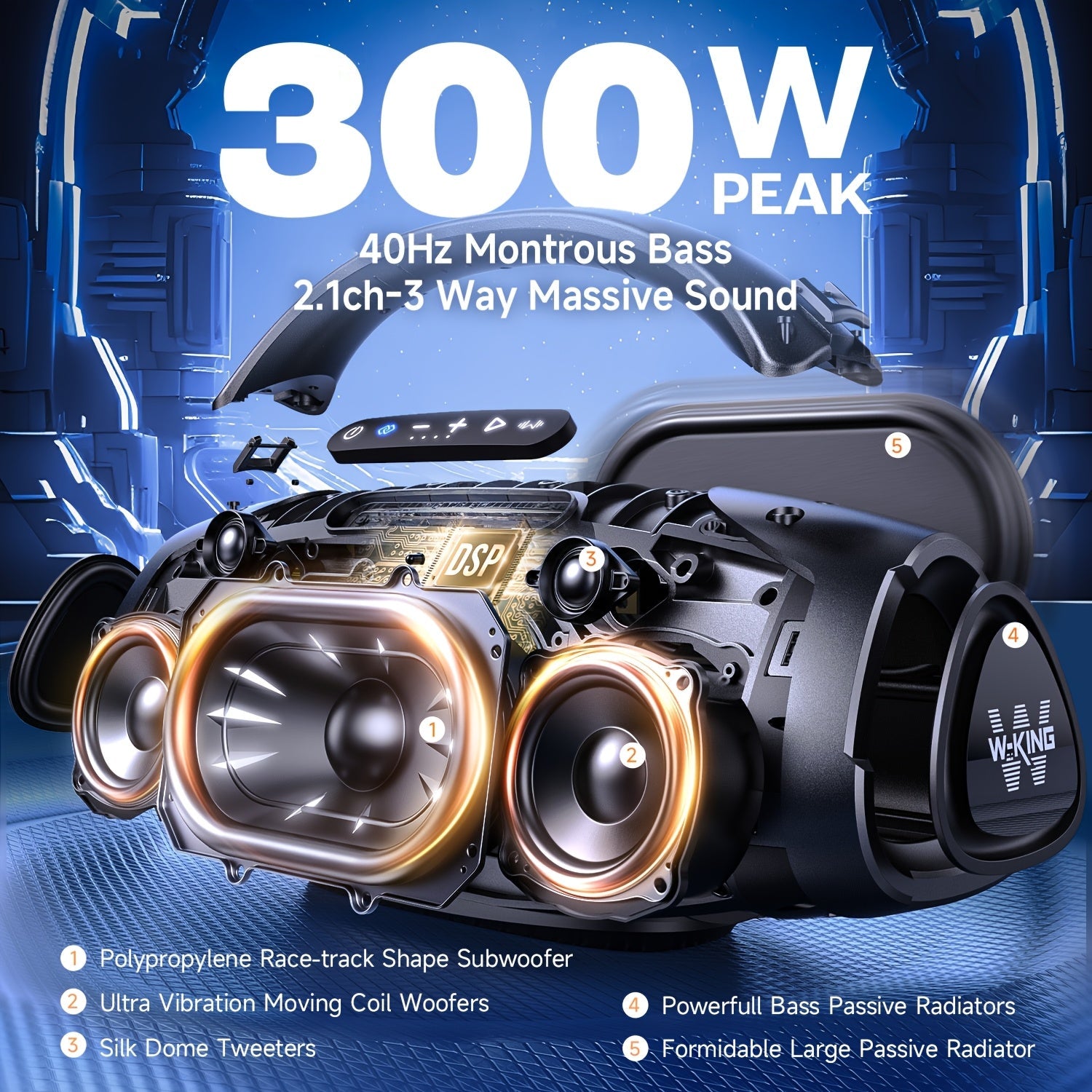 200W RMS 300W Peak Ultimate Portable Wireless Speaker, Large Outdoor Speaker with App Control, Consisting of a 3-Way System with 5 Drivers, for Party Speaker with Bass Enhancement, USB, TF Card, AUX, And Guitar Input