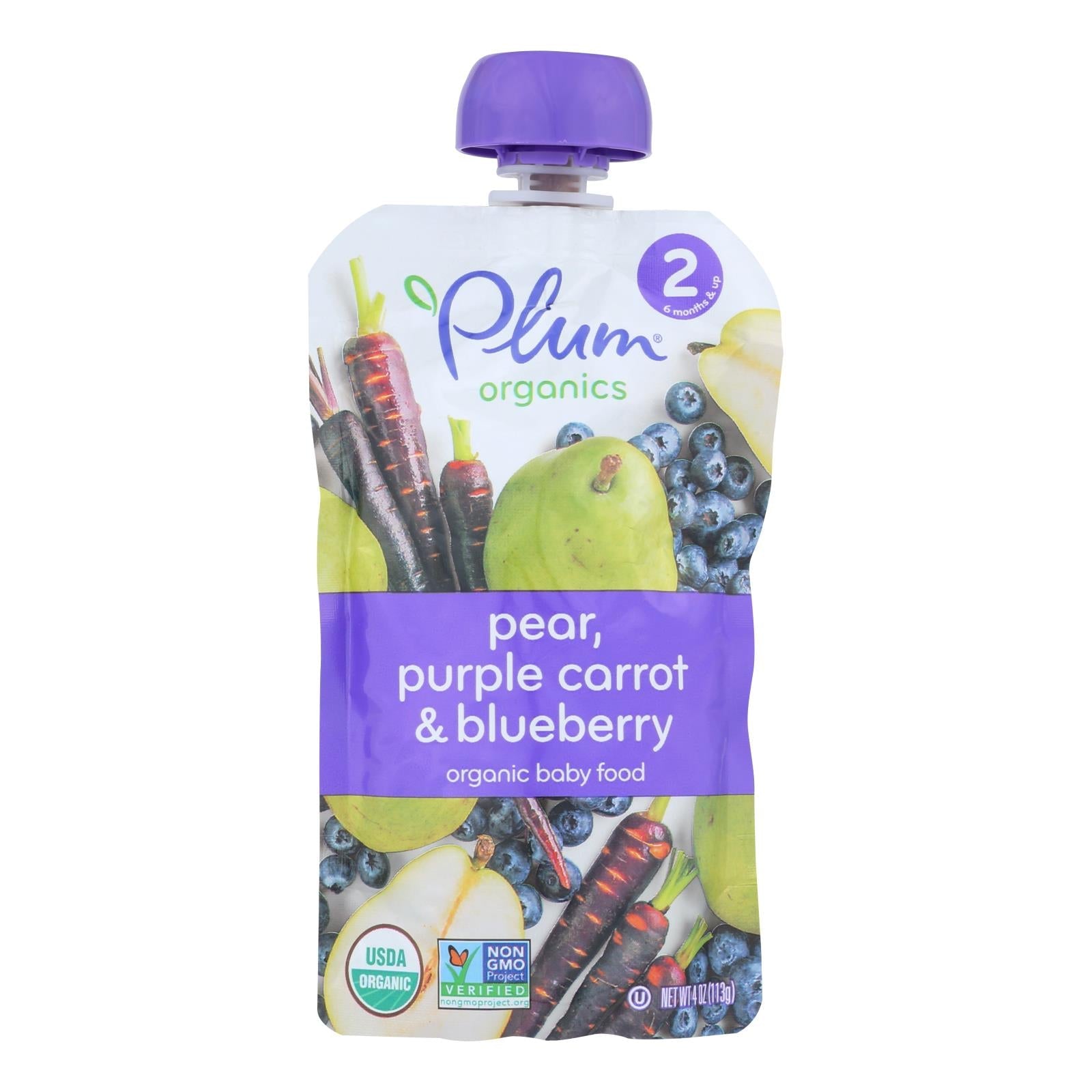 Plum Organics Stage 2 Baby Food, Blueberry, Pear & Carrot, 4 oz Pouches, 12 Count