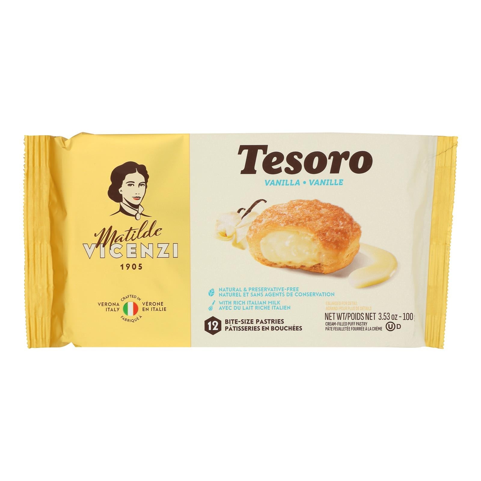 Vicenzi Tesoro Vanilla Cream Filled Puff Pastries, 3.53 oz, Pack of 10