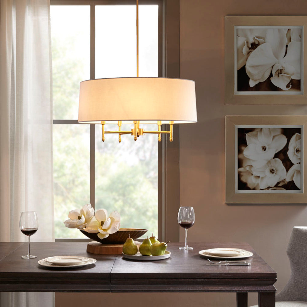 5-Light Drum Shade Chandelier | Cotton-Linen Fabric Shade with Plated Brass Frame, Adjustable to 62.5" — Black, Gold or Silver