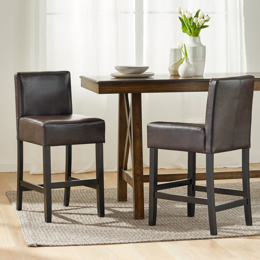 26" Brown Leather Counter Stools with Ergonomic Back | Set of 2 Bonded Leather Kitchen Island Stools — Rubberwood Legs