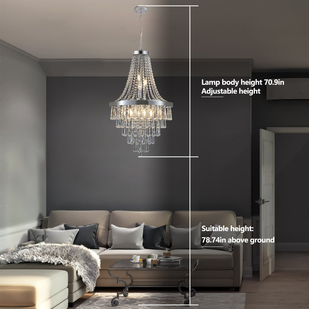 20" K9 Crystal Chandelier | 11-Light Modern Pendant with Adjustable Height 33"–71" — Chrome or Gold, Living Room, Dining Room & Staircase