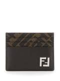 Fendi Men Squared Ff Card Holder In Leather And Ff Canvas Brown Men