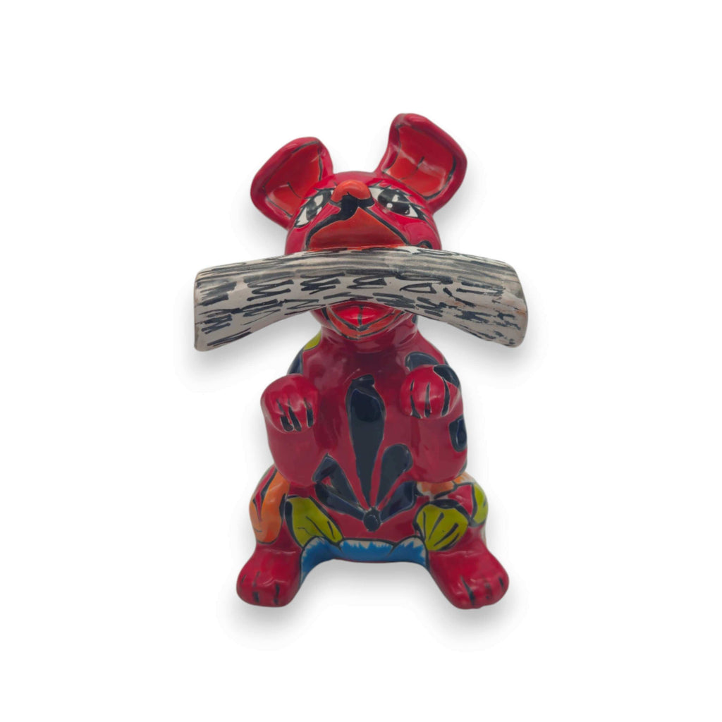 Talavera Dog Holding Newspaper Statue | Colorful Mexican Garden Art