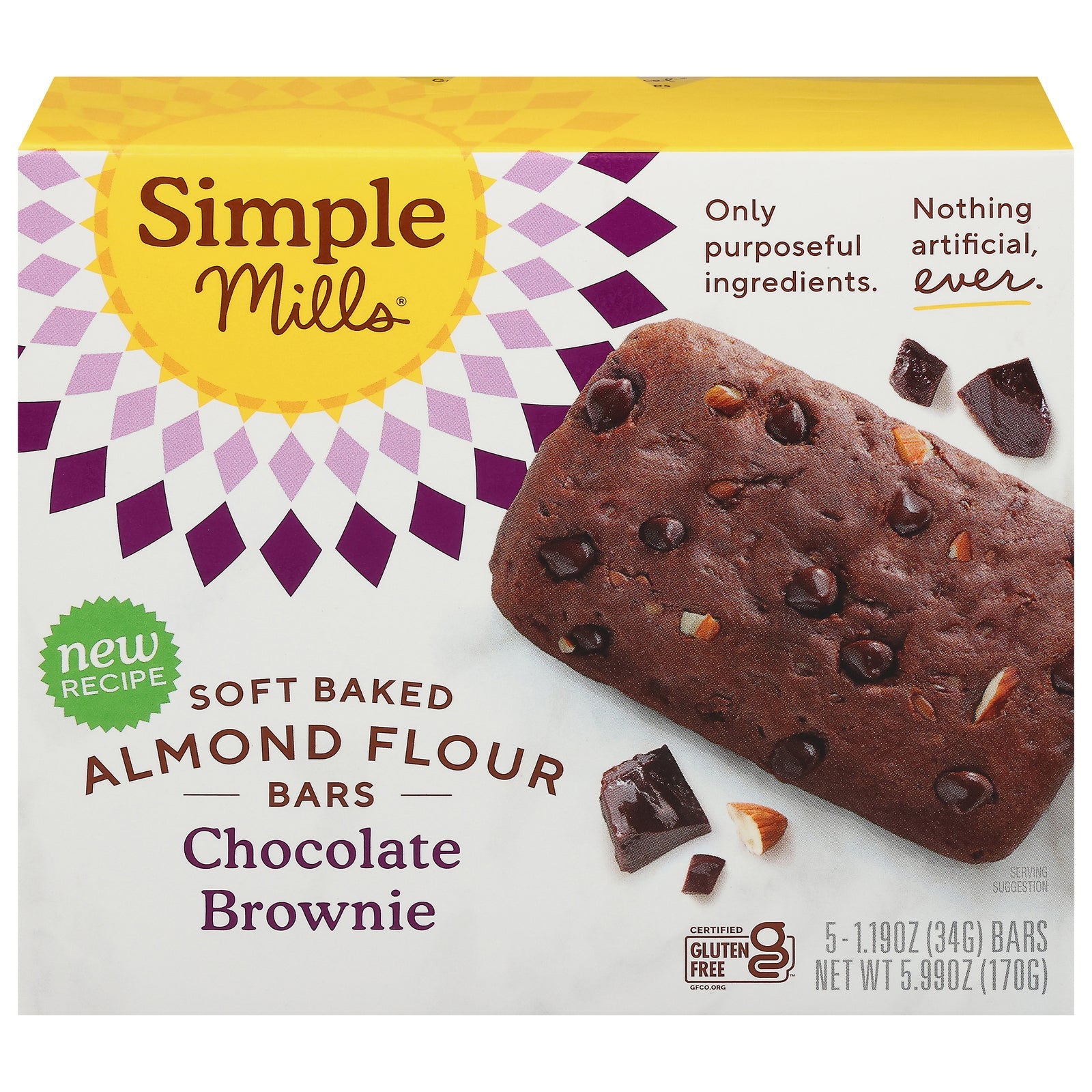 Simple Mills Soft Baked Almond Flour Brownie Bars, Chocolate Chip, 5.99 oz, Case of 6
