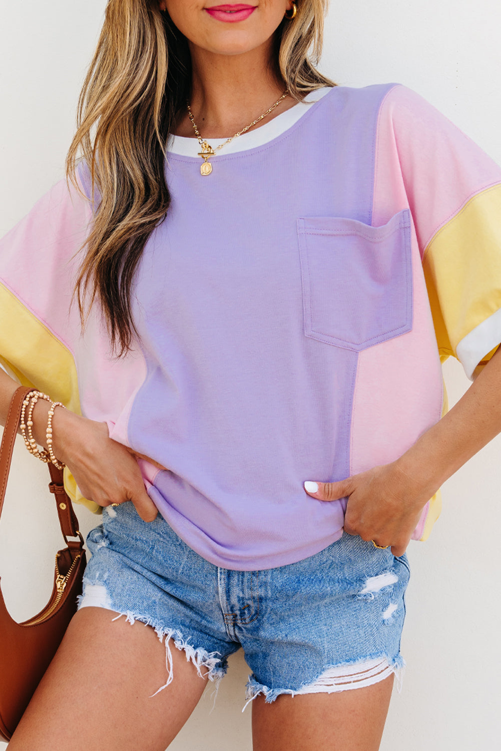 Unique Oils Purple Color Block Patchwork Oversized Half Sleeve T-Shirt