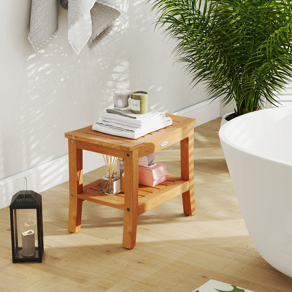 20 Inches Non-slip Shower Bench with Storage Shelf and Curved Top