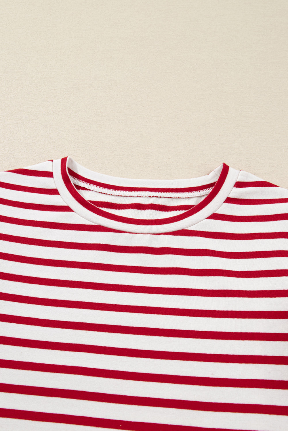 Red Stripe Round Neck Ruffle Trim Long Sleeve Top