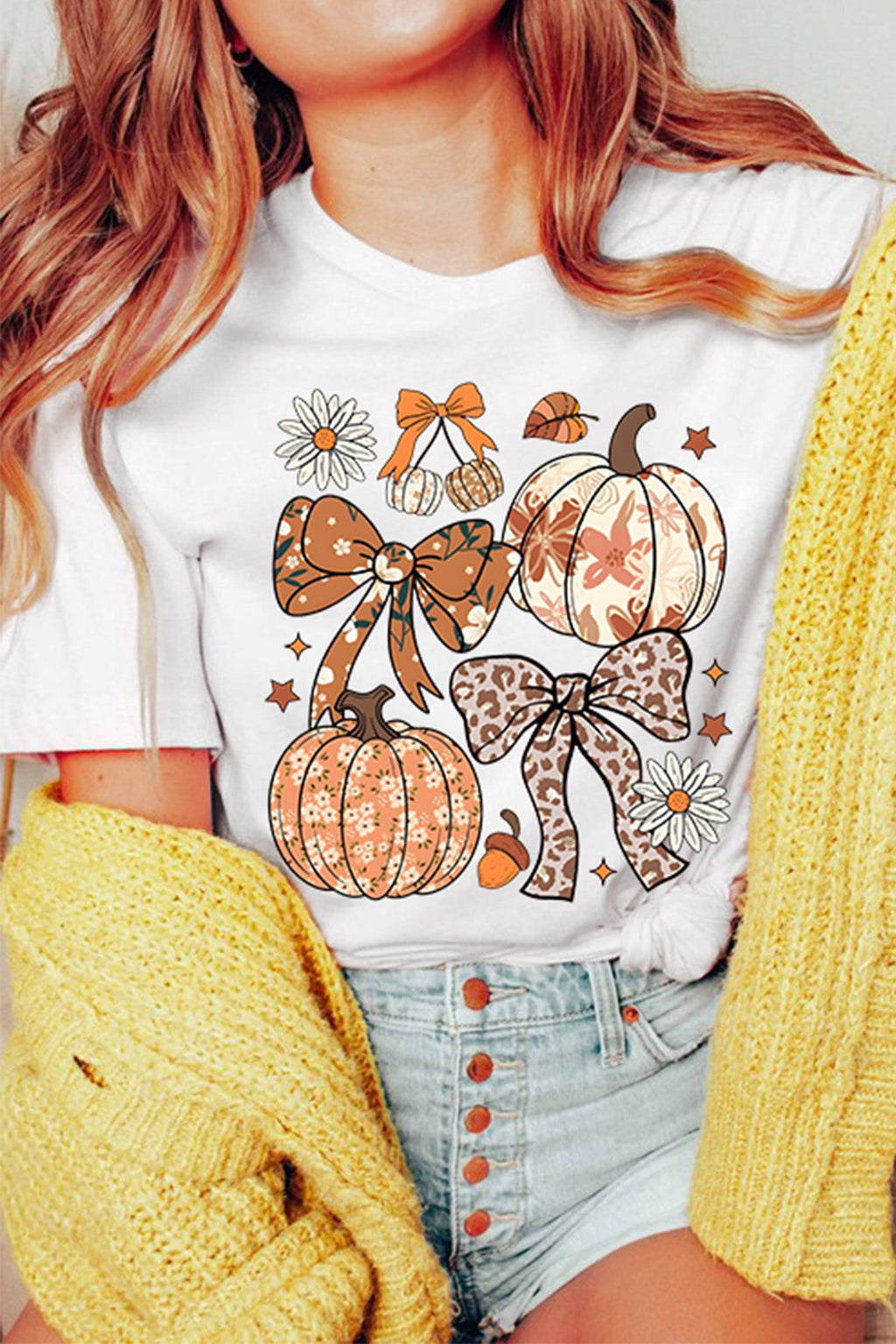 White Unique Leopard Bow Pumpkin Graphic T Shirt