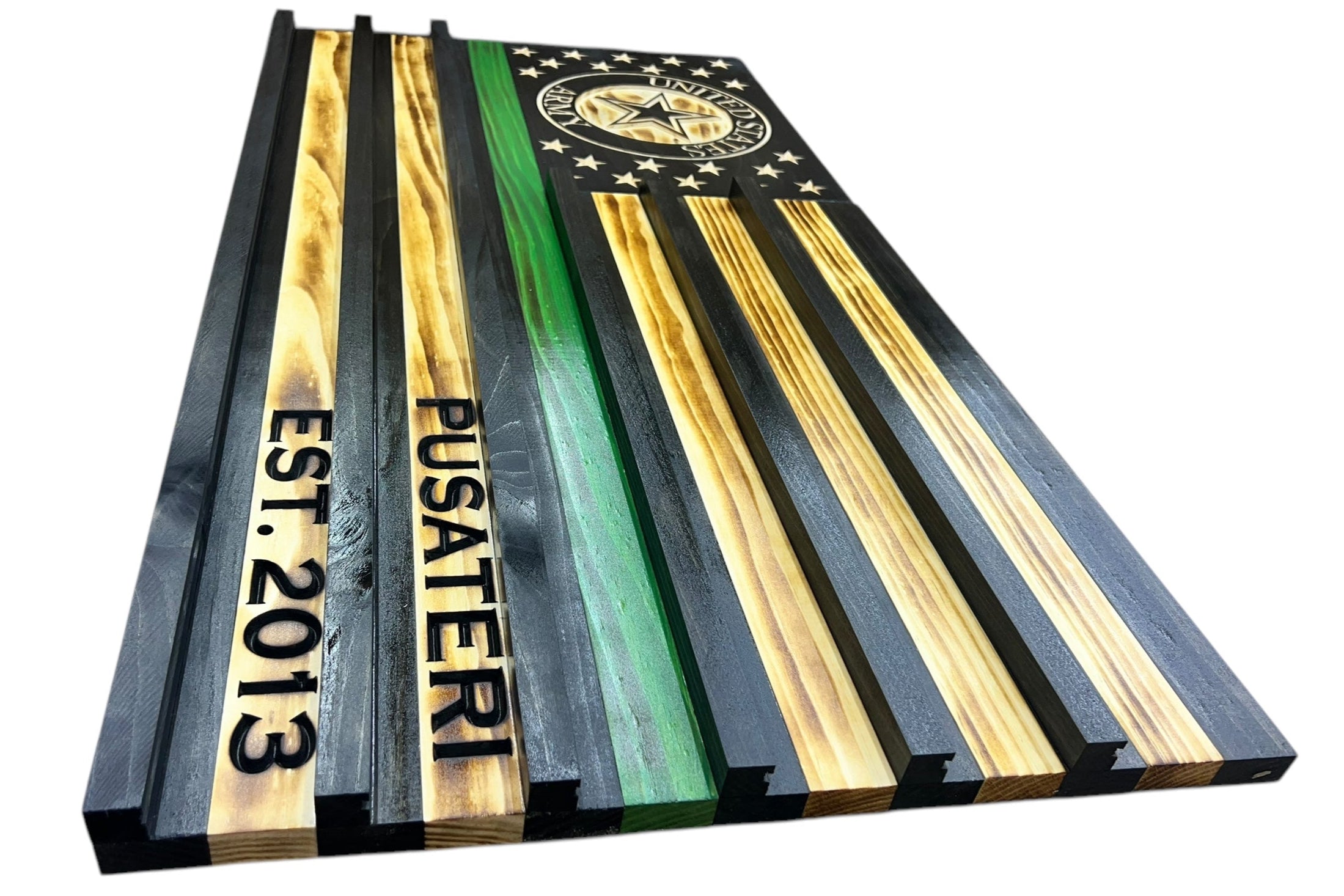 Custom Wooden Challenge Coin Display Flag with Engraved Badge