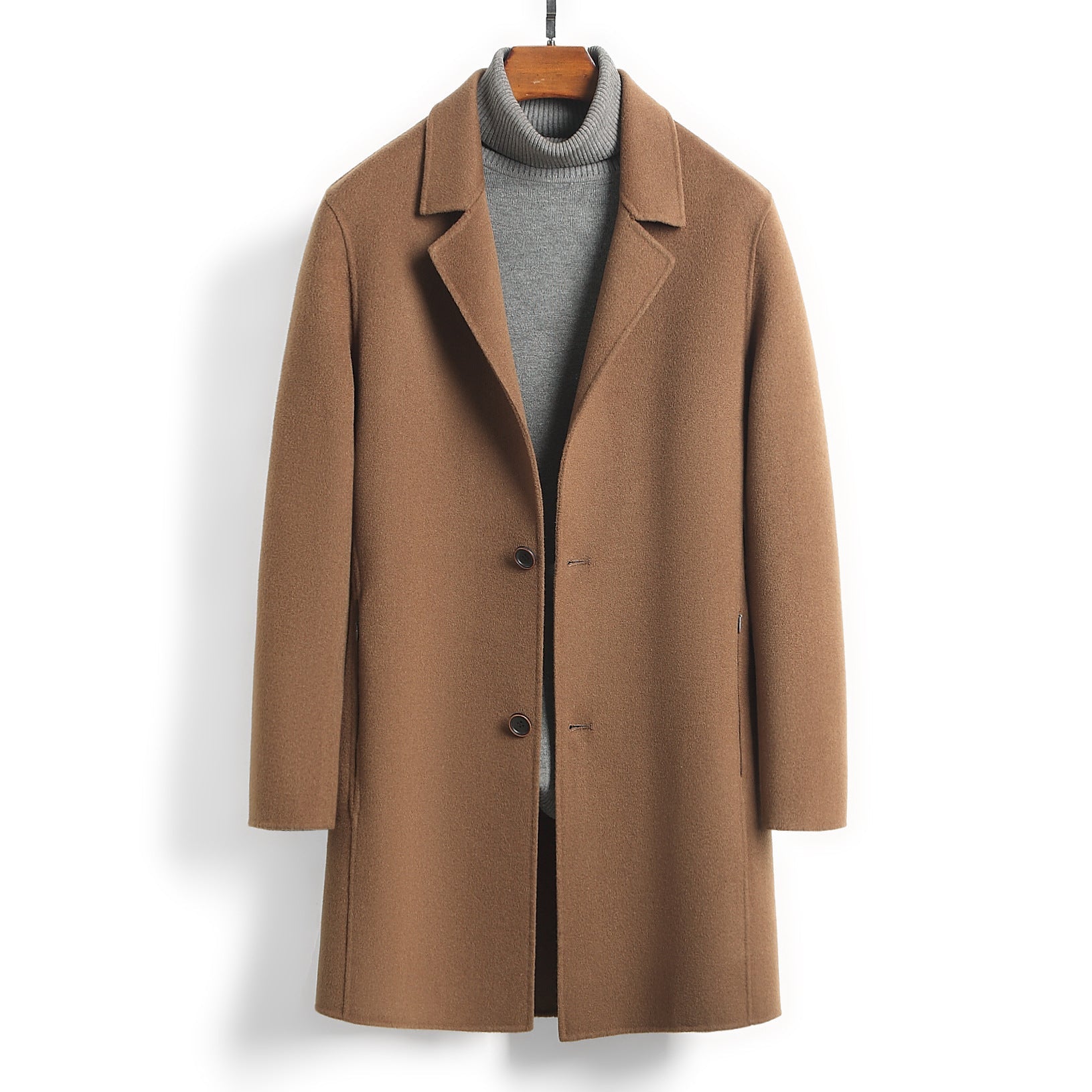 Male Solid Color Worsted Wool Mid-length Slim-fit Coat
