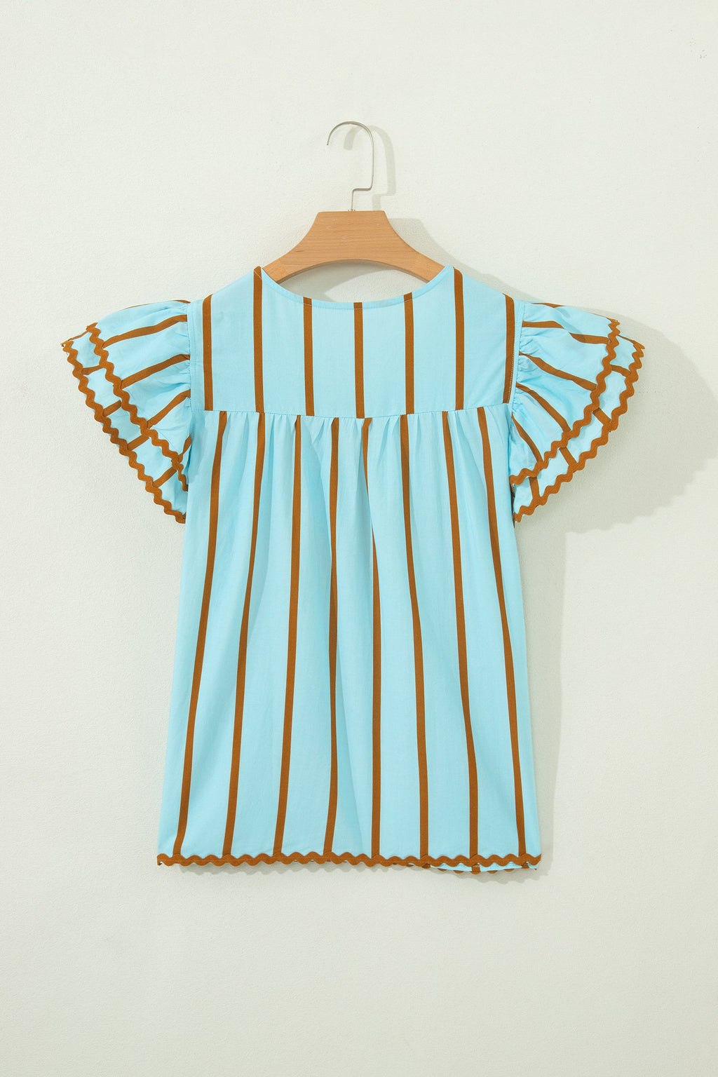 Sky Blue Stripe Ricrac Trim Double Ruffled Short Sleeve V Neck Blouse