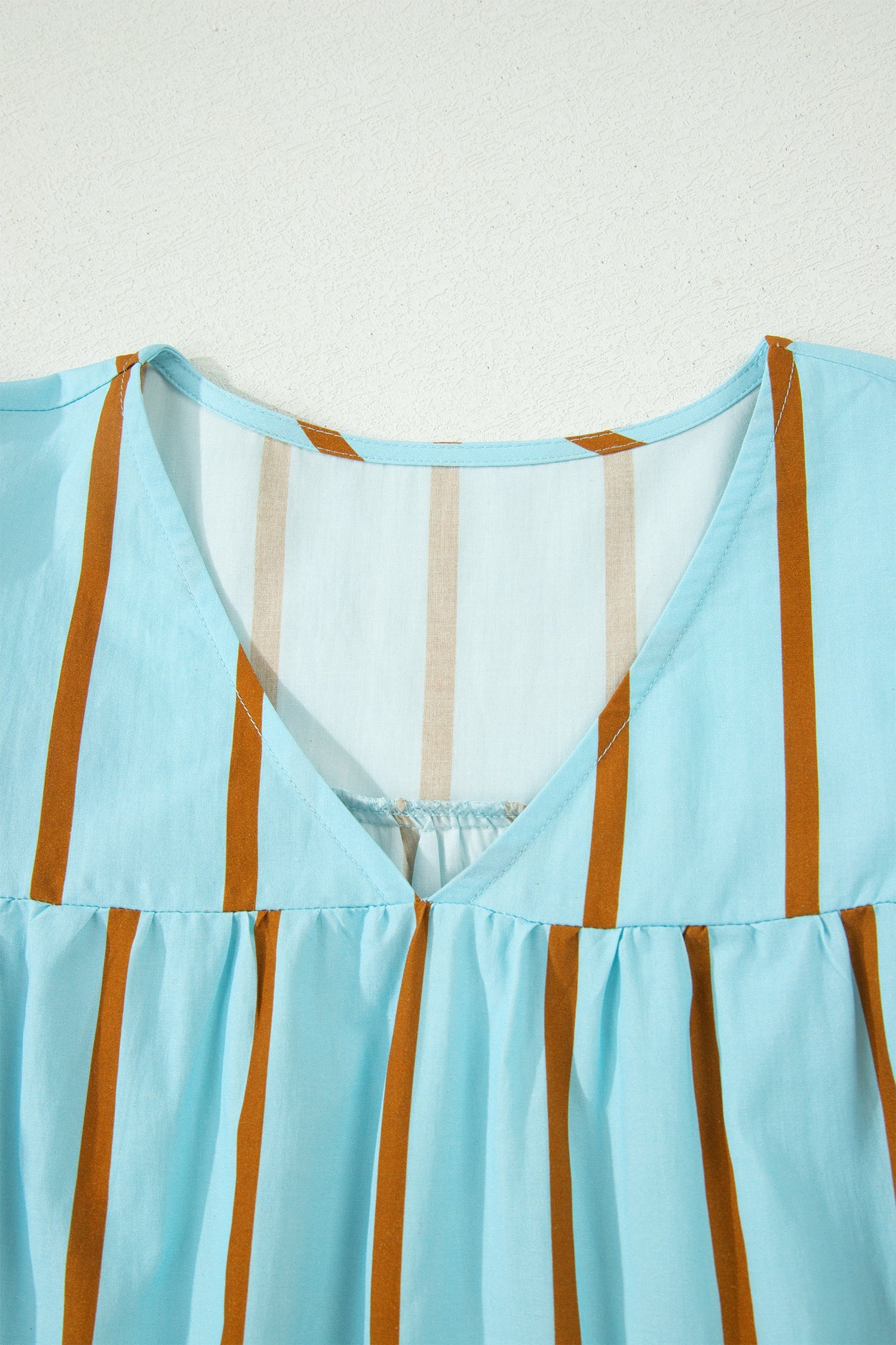 Sky Blue Stripe Ricrac Trim Double Ruffled Short Sleeve V Neck Blouse